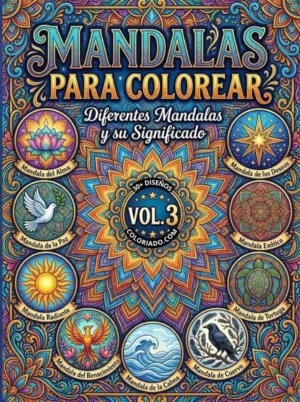 Portada de libro para colorear mandalas Volumen 3. Arte meditativo y patrones geométricos complejos para reducir el estrés y aumentar la concentración en adultos.