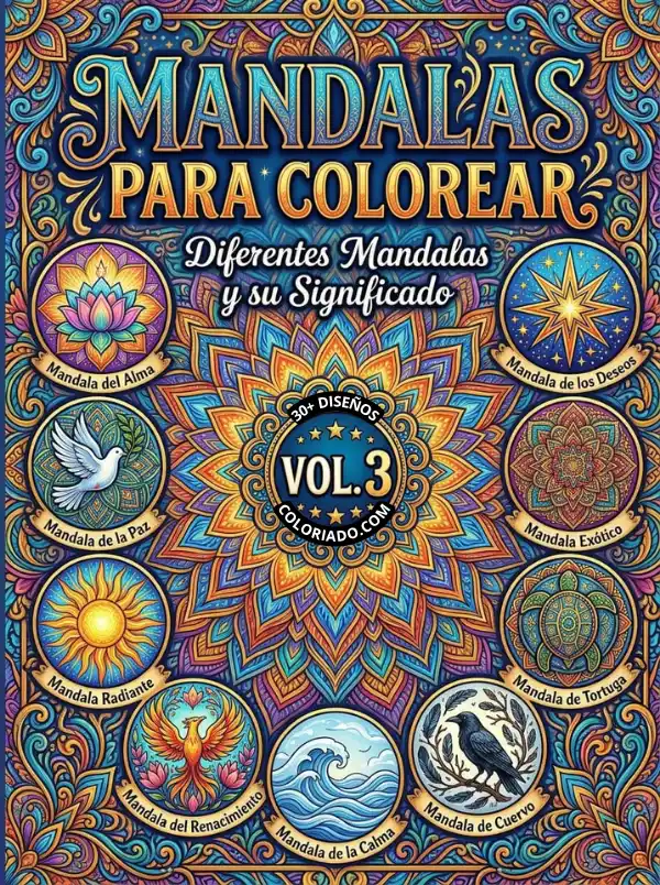 Portada de libro para colorear mandalas Volumen 3. Arte meditativo y patrones geométricos complejos para reducir el estrés y aumentar la concentración en adultos.