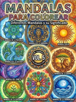 Portada de libro para colorear mandalas Volumen 5. Mandala terapia para adultos, diseños complejos y patrones para la meditación y el bienestar mental.