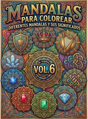 Portada de libro para colorear de mandalas Volumen 6. Patrones geométricos avanzados y altamente complejos para la meditación y el desarrollo cognitivo de adultos.