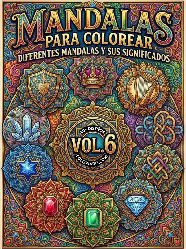 Portada de libro para colorear de mandalas Volumen 6. Patrones geométricos avanzados y altamente complejos para la meditación y el desarrollo cognitivo de adultos.