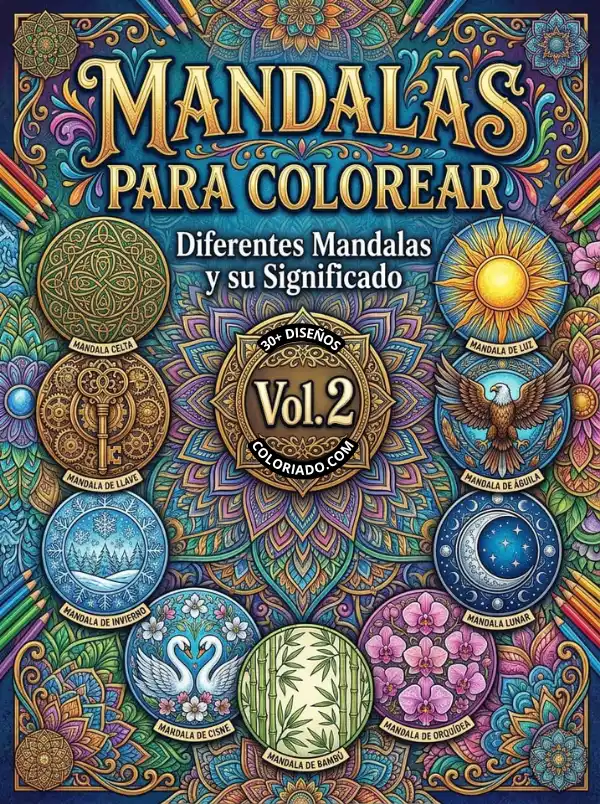 Portada de libro de colorear mandalas Volumen 2. Arte terapéutico con patrones geométricos avanzados para mejorar la concentración.