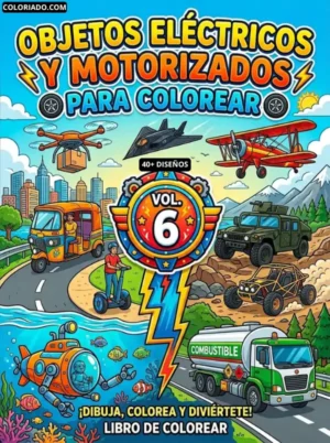 Portada del libro de la mega colección definitiva de vehículos para colorear. Incluye submarinos, aviones, trenes, drones, barcos y vehículos de construcción, cubriendo todas las profesiones en un solo libro.