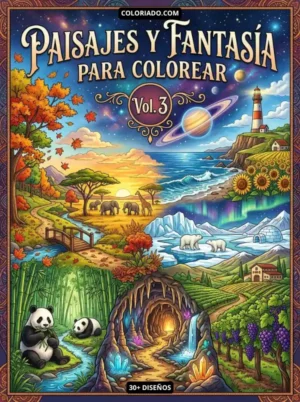 Portada de Libro para colorear temático con escenas de dinosaurios, castillos mágicos y paisajes costeros para niños. Actividad de arte y aprendizaje.