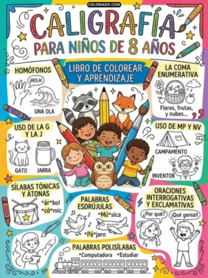 Portada del libro digital: Ejercicios avanzados de caligrafía para niños de 8 años. Refuerza la fluidez textual, puntuación y cohesión académica.