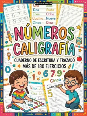 Libro digital con planillas para trazar números del 0 al 9, ejercicios de caligrafía numérica diseñados para preescolar.