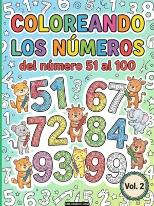 Portada del libro digital "Coloreando los Números Vol. 2", mostrando cifras grandes del 51 al 100 con patrones decorativos y animales sosteniendo crayones.